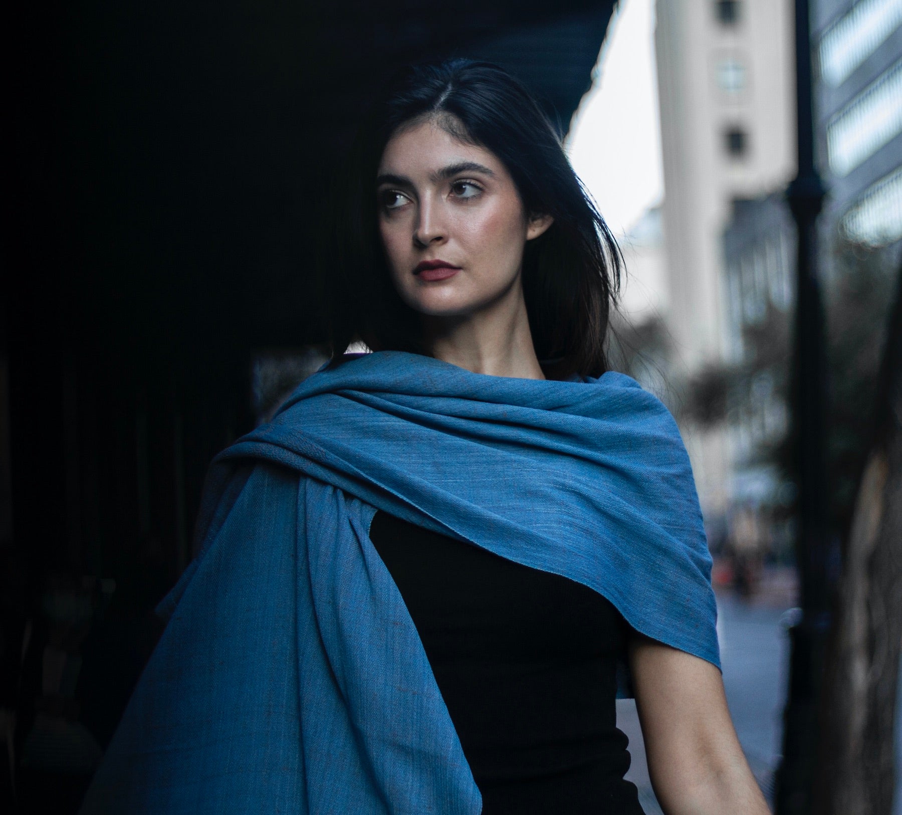 indigo dyed silk blue scarf with macrame fringe 