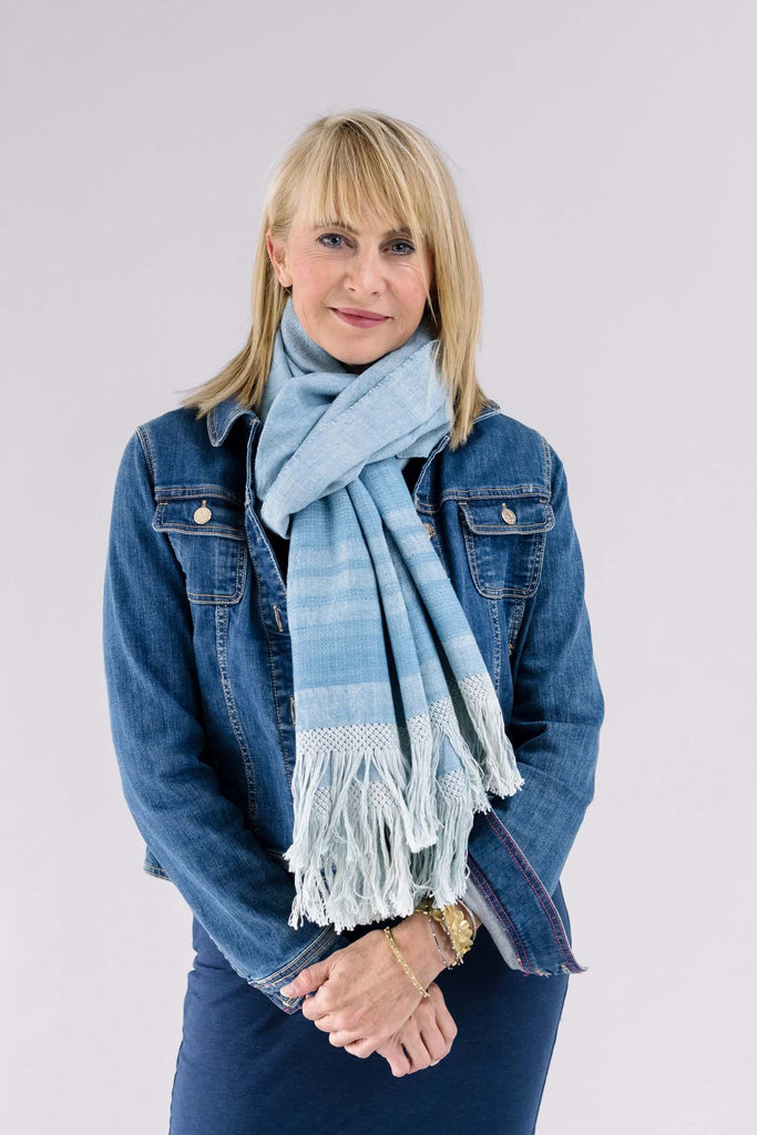On model of long cotton indigo naturally dyed scarf