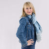 On model of blue cotton naturally dyed artisan scarf 