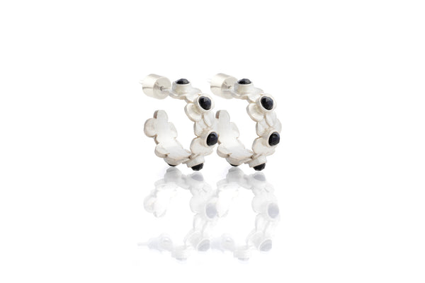 Flor Huggie Hoop in Sterling Silver and Black Spinel