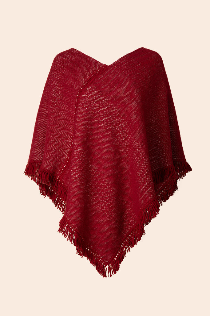 Cotton and Wool Red with Matching Fringe Poncho