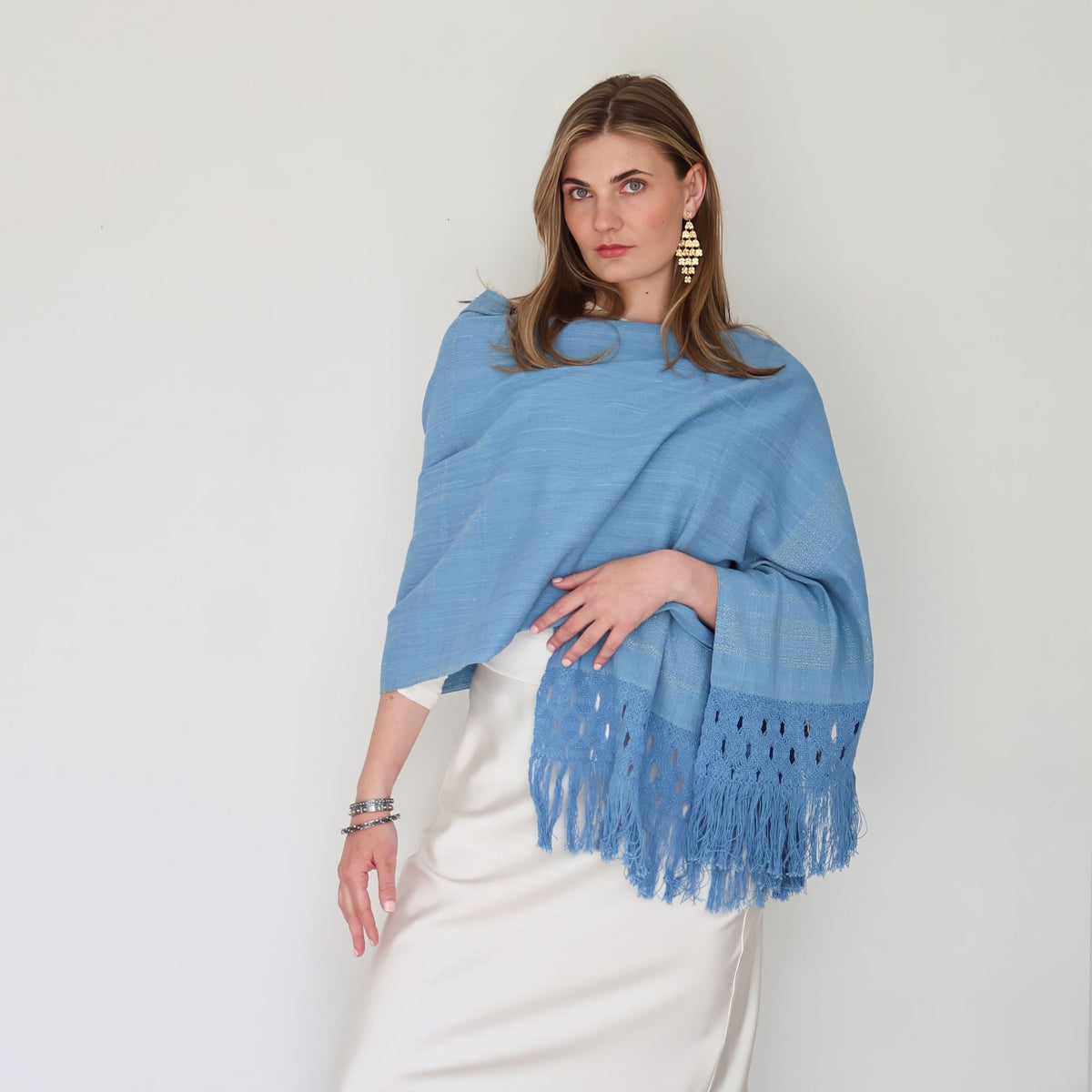Brilliant blue indigo hand spun silk and Cotton scarf with macrame