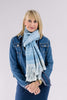 On model of long cotton indigo naturally dyed scarf