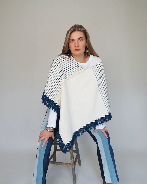 Fine Wool Indigo Striped Mañanita Poncho
