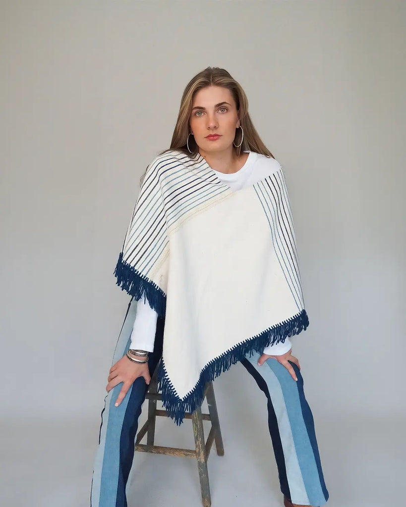 Fine Wool Indigo Striped Mañanita Poncho