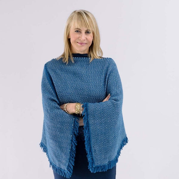 Indigo Wool and Cotton Fringed Mañanita Poncho