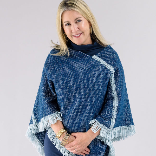 Indigo Wool and Cotton Fringed Mañanita Poncho