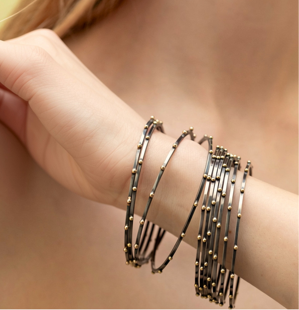 Lluvia Beaded Bangle in Oxidized Sterling Silver and 14k Gold