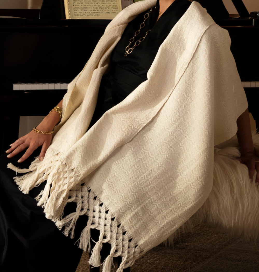 close up of natural scarf creamy white with fringe 