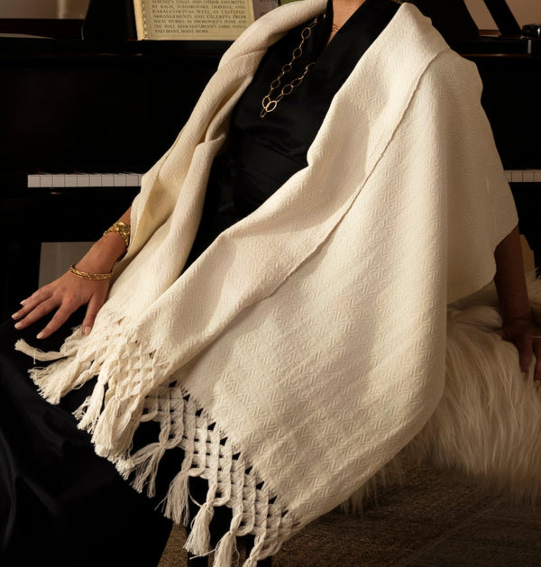 close up of natural scarf creamy white with fringe 