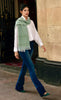 green scarf, naturally dyed styled with white button down and dark jeans green pumps