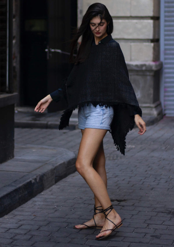 Deep Blue Black Cotton Mañanita Poncho