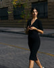 on model black v neck dress mid knee