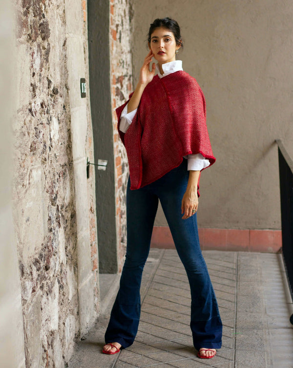 On model - deep red poncho with v neck