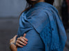 Close up view of silk and indigo scarf