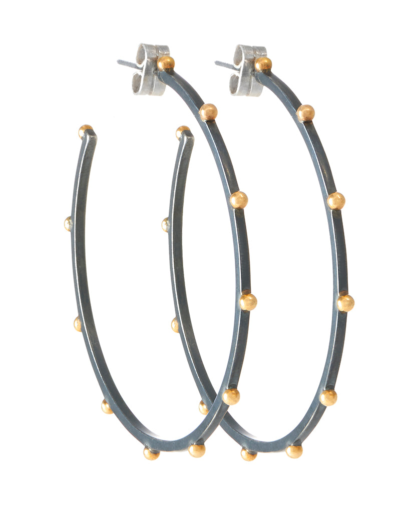 Beaded Hoop Lluvia Earrings in Oxidized Sterling Silver and 14K Gold