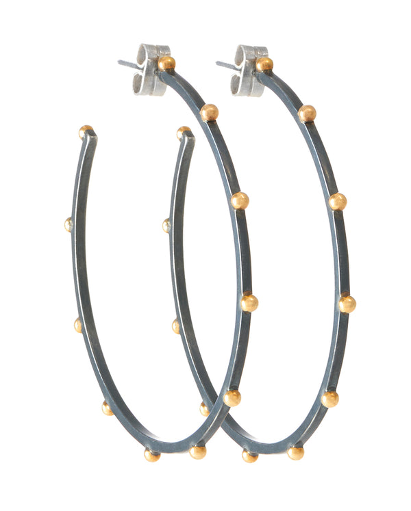 Beaded Hoop Lluvia Earrings in Oxidized Sterling Silver and 14K Gold