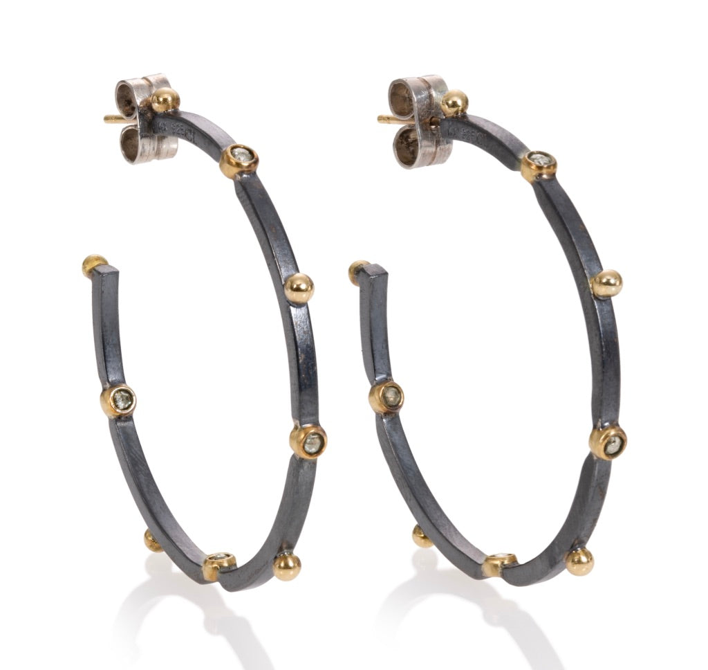 Sterling silver earrings with 14k gold and tube set salt and peppre diamond 
