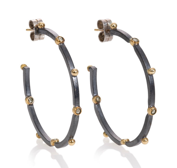 Sterling silver earrings with 14k gold and tube set salt and peppre diamond 