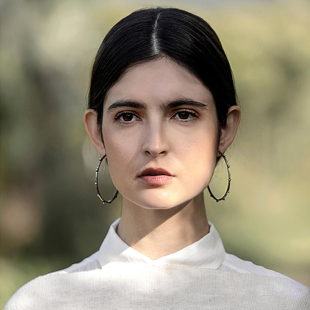 Textura Oxidized Silver Hoop Earrings on Model