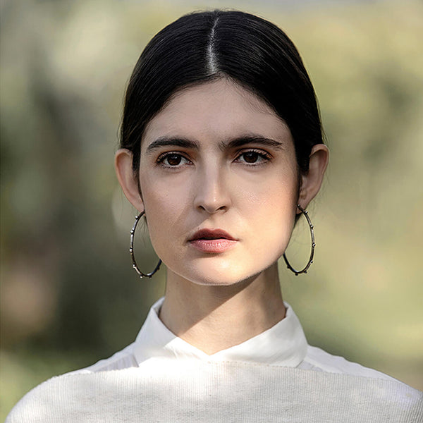 Textura Oxidized Silver Hoop Earrings on Model
