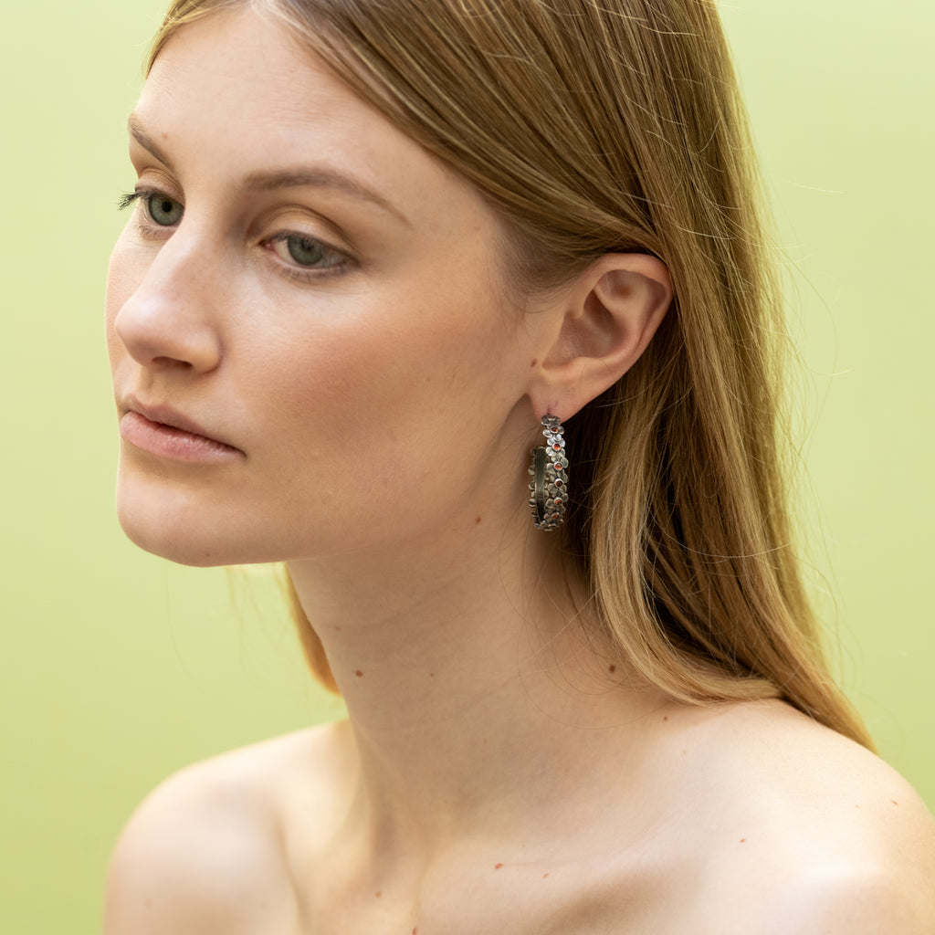 Oxidized Sterling Flor Hoop Earrings with Garnets