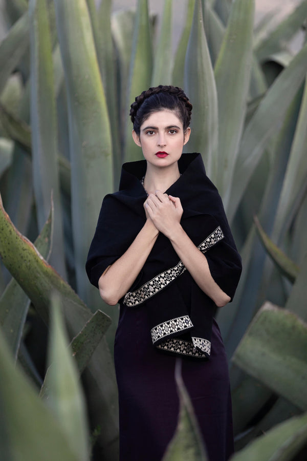 model in agave field with black scarf
